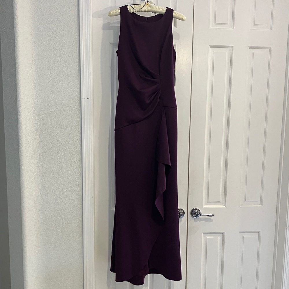 Long Sleeveless Stretch Scuba Crepe Dress Ruched Cascade Skirt, 8, Plum